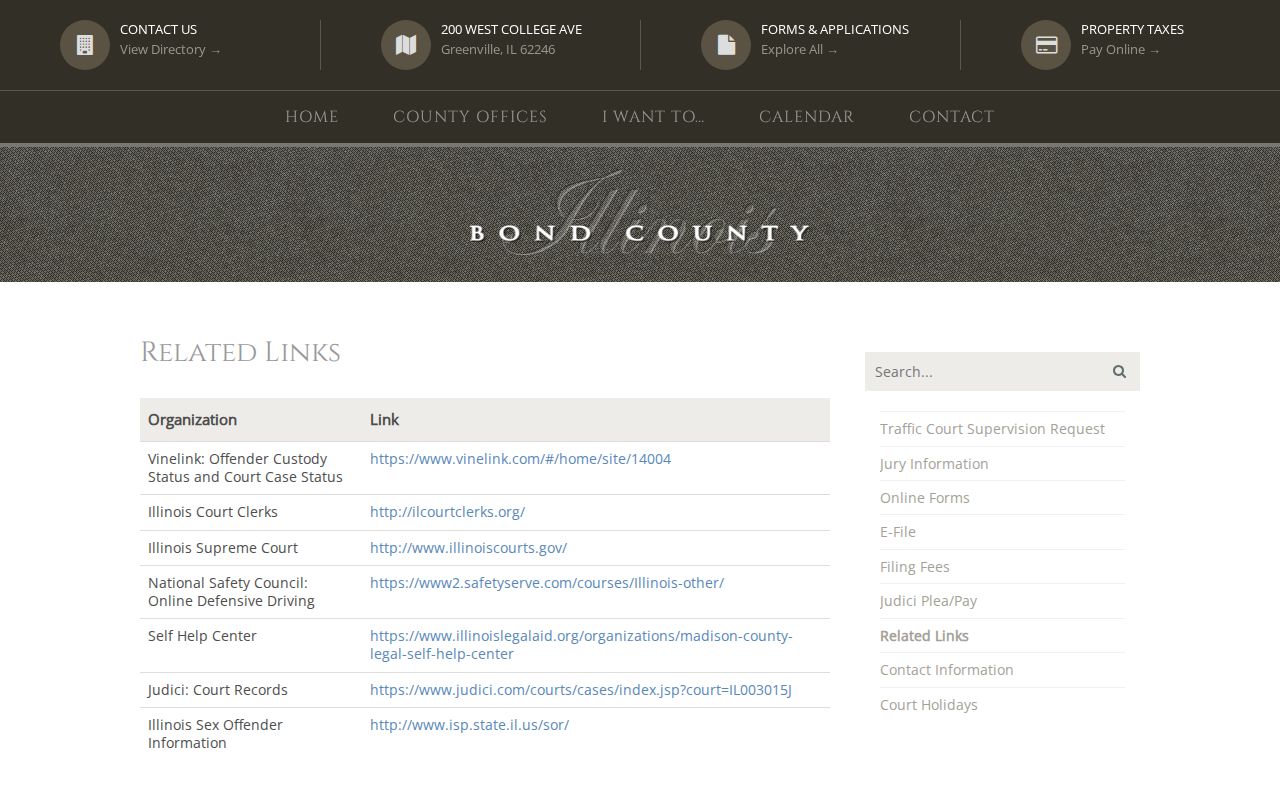 Bond County official VINELink and Judici links