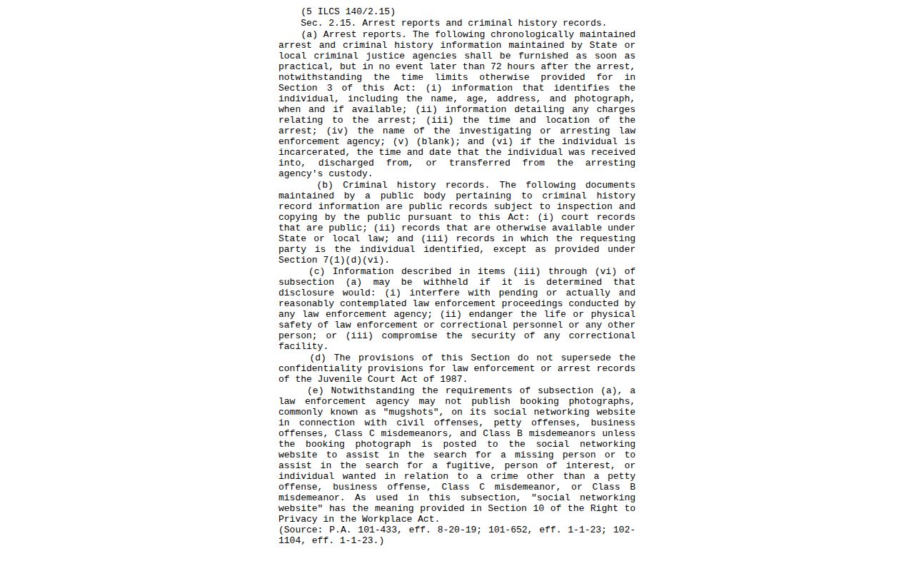 Illinois arrest report law on photographs and release limits